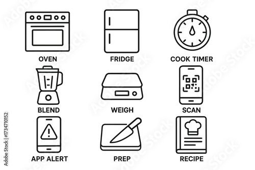 Kitchen appliance icons: oven, fridge, timer, blender, scale, qr code, app alert, prep, recipe