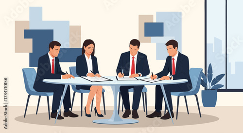 Business Professionals Collaborating and Signing Documents at a Round Table Meeting Room