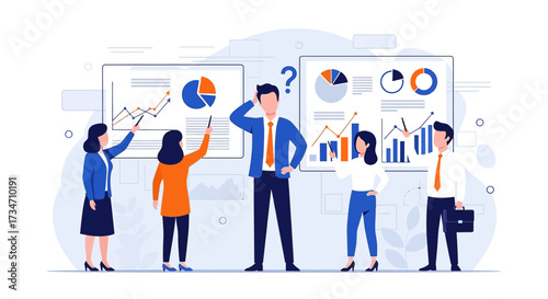 Business team analyzing data charts with question marks in a confusing meeting scenario