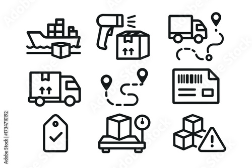 Logistics and shipping icons depicting transport and delivery processes