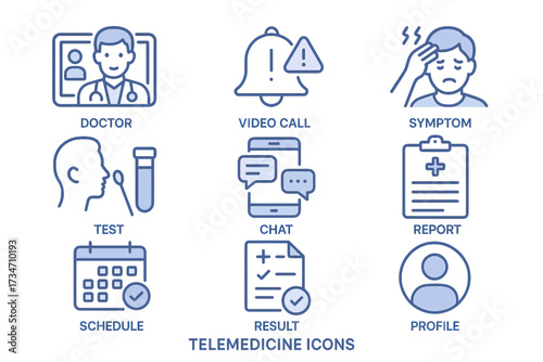 Telemedicine icons: doctor, video call, symptoms, test, chat, schedule, report, profile