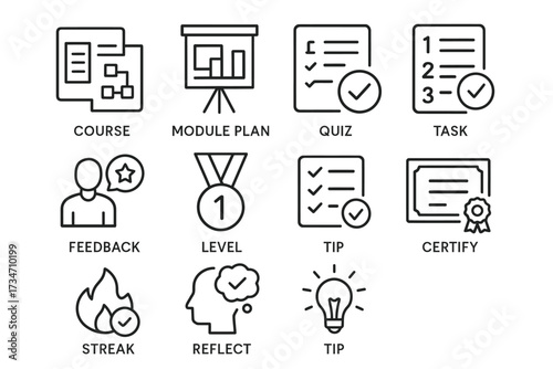 Educational icons set: course, module plan, quiz, task, feedback, level, certificate, tips