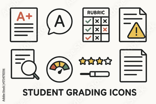 Student grading icons: a plus, rubric, report, magnifying glass, stars, exclamation