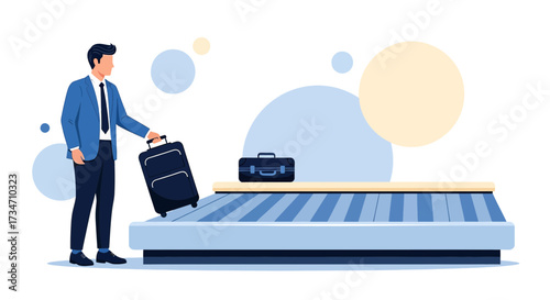 Business traveler retrieving luggage at airport carousel in a vector illustration