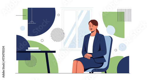 Business woman awaiting interview in a stylized office setting design flat vector illustration