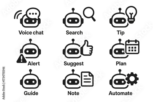 Chatbot icons representing voice, search, tip, alert, suggest, plan, note, and automate functions