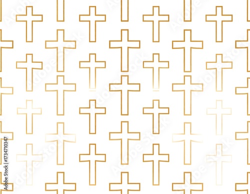 A repeating pattern of gold-outlined crosses on a white background creates a sophisticated and elegant design.