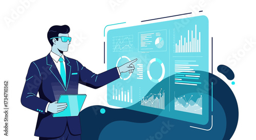 Businessman analyzing data visualization on interactive screen for decision making