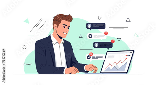Businessman analyzing social media growth and engagement with increasing chart, monitoring