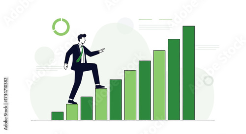 Businessman climbing bar chart symbolizing career growth and financial success vector illustration
