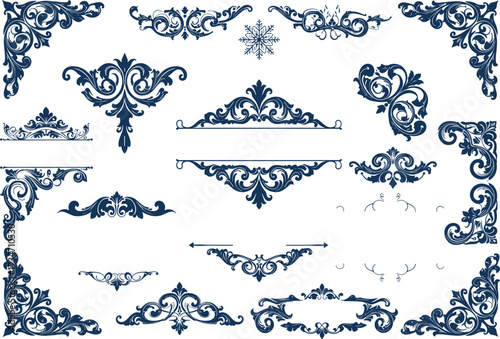 Vintage ornamental floral frame vector set, decorative border design elements, elegant swirl divider flourishes, classic baroque style corner pattern illustration