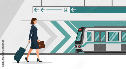 Businesswoman commuter with luggage at subway station with train minimal style graphic