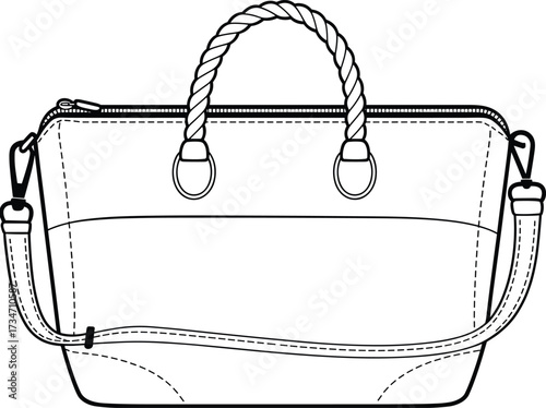 Handbag vector illustration, black and white fashion sketch, twisted handle, shoulder strap, zip closure, structured design, stitching detail, clasps