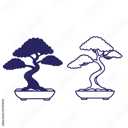 Elegant minimalist line art illustrations of bonsai trees in two different graphic styles