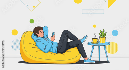 Cartoon illustration of a man relaxing on a beanbag chair using his smartphone in a modern room