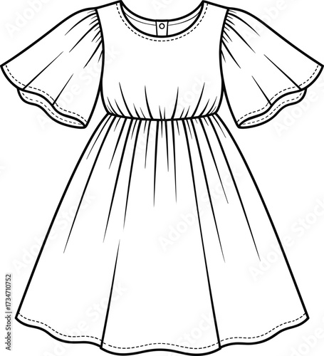 Short-sleeved dress vector illustration, black and white fashion sketch, flutter sleeves, round neckline, gathered waist, wavy hem, kids apparel design