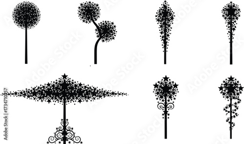 Fantasy decorative street light pole silhouettes with magical star patterns, artistic ornamental lamp post designs, creative urban night illumination elements.