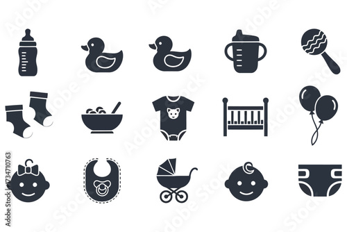 Vector art of illustration set of baby icons collection of baby related symbols such as bottle, duck, rattle, socks, bowl, clothes, crib, and carriage