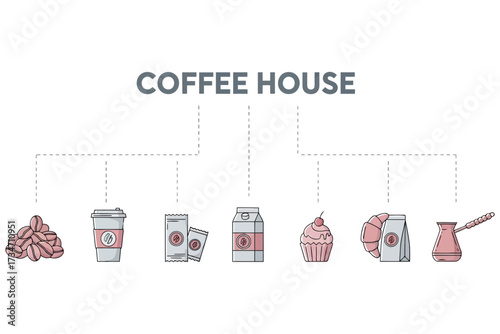 Vector art of coffee house icons showcase a variety of coffeerelated items, including coffee beans, cups, a milk carton, a cupcake, and a cezve