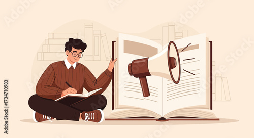 Conceptual illustration of a writer amplifying ideas through literature and promotion showcasing