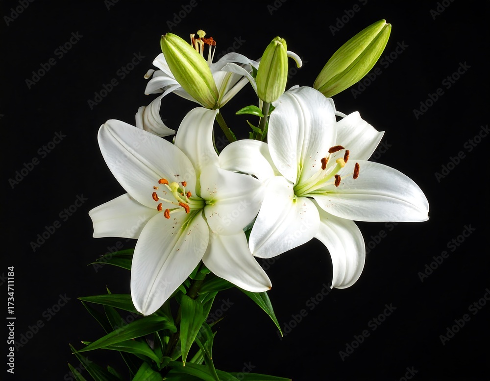 Fototapeta premium Delicate white lilies stand out against a dark background, showcasing their elegant petals and vibrant centers.