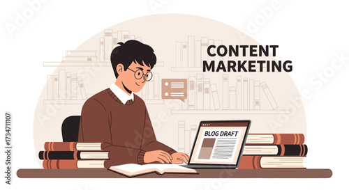 Content creator working on content marketing strategy in digital age illustration