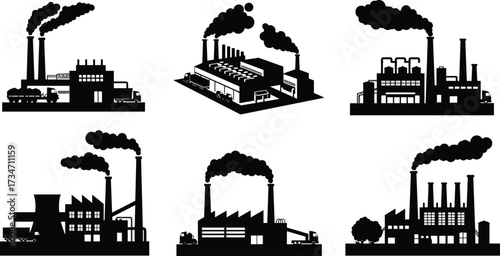 Industrial factory building silhouettes with smoking chimneys, manufacturing plant vector set, power plant illustration, heavy industry production architecture design.