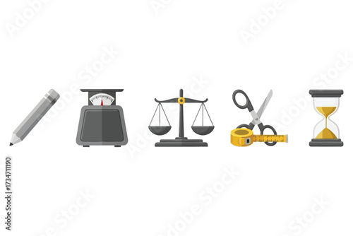 Vector art of collection of measuring tools, including a pencil, scales, a balance, scissors, a tape measure, and an hourglass, representing precision and time management