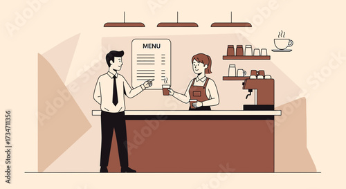 Customer ordering coffee from barista in a cozy cafe illustration showcasing service and business