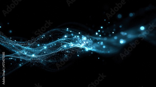   A black background with blue lights and a wave of lines on one side, and another wave of lines on the other