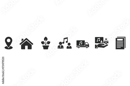 Vector art of collection of simple black icons representing location, home, plant, music, delivery, and document perfect for web design and mobile apps