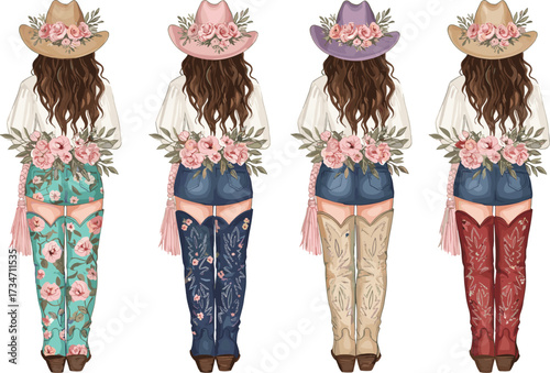 Western cowgirl illustration, floral hat, cowboy boots, bohemian style, country fashion art, stylish women, rodeo design, cowgirl vector, flower details