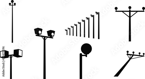 Modern street light pole silhouettes with dual lamps, spherical globes, outdoor urban illumination designs, vector city lighting, and night fixtures.