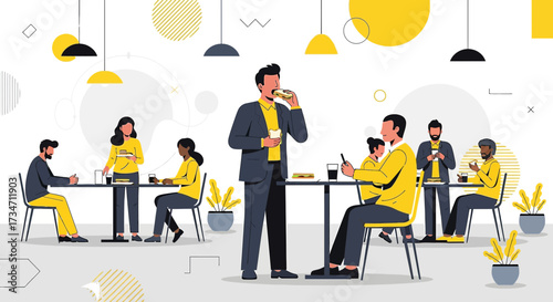 Diverse group of people enjoying lunch in a modern and vibrant restaurant setting illustration