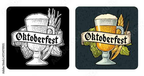 Glass beer with ears of corn and hop branch. Vector engraving color vintage illustration isolated on dark square. Oktoberfest gothic lettering. Advertising design for coaster