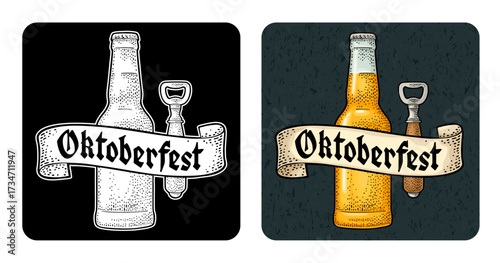 Glass bottle and opener with ribbon. Vector engraving color vintage illustration isolated on dark square. Oktoberfest gothic lettering. Advertising design for coaster