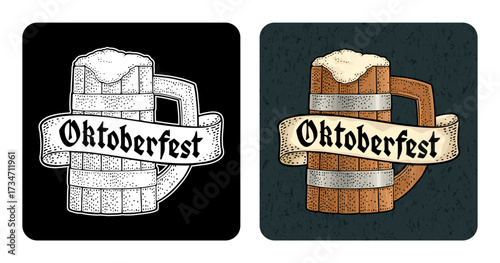 Wood beer with ribbon. Vector engraving color vintage illustration isolated on dark square. Oktoberfest gothic lettering. Advertising design for coaster