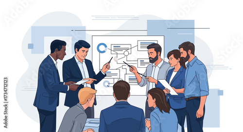 Diverse team collaborating on business strategy during whiteboard presentation setting