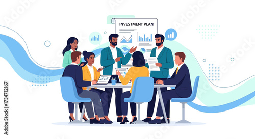Diverse team collaboration discussing investment plan, financial strategy and growth analysis for