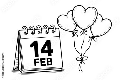 Valentines Day Sketch Illustration of Calendar Displaying February 14th with Heart Balloons Symbolizing Love and Romance Celebration Artwork