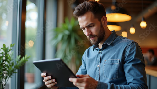 Man Using Tablet Indoors in Modern Lifestyle Setting
