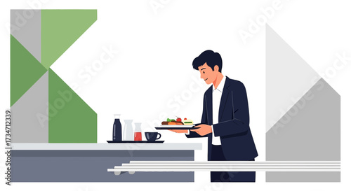 Elegant businessman holding a food tray in modern dining hall with geometric patterns creating