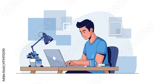 Freelancer at work on his computer at home working on a project attentively focused