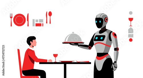 Futuristic dining experience featuring a robot waiter serving a customer in a restaurant