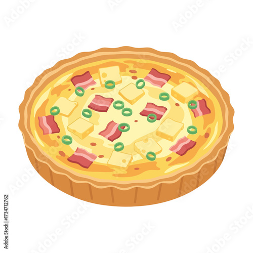 A delicious quiche with bacon, cheese, and green onions, baked in a golden crust.