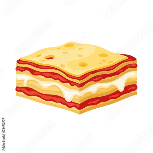 A cartoon illustration of a square slice of Italian lasagna with layers of pasta, tomato sauce, and white cheese sauce.