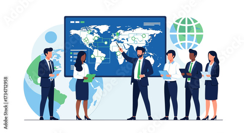 Global Business Expansion Strategy Presentation with Team and World Map Displayed in vector style