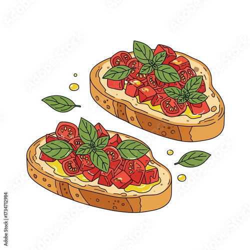 Two slices of toasted bread topped with diced tomatoes, fresh basil leaves, and drizzled with olive oil.