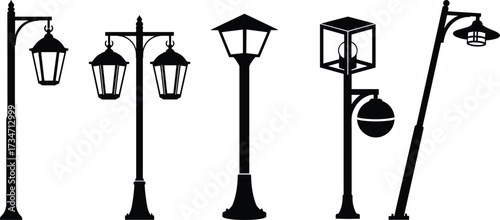 Set of vintage and modern street light lamp post silhouettes, urban outdoor lighting vector designs for city decoration elements.