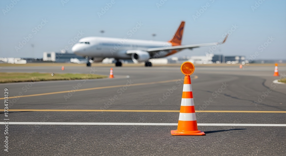 Fototapeta premium An orange and white safety cone with a warning light on an airport tarmac with a passenger jet in the background.